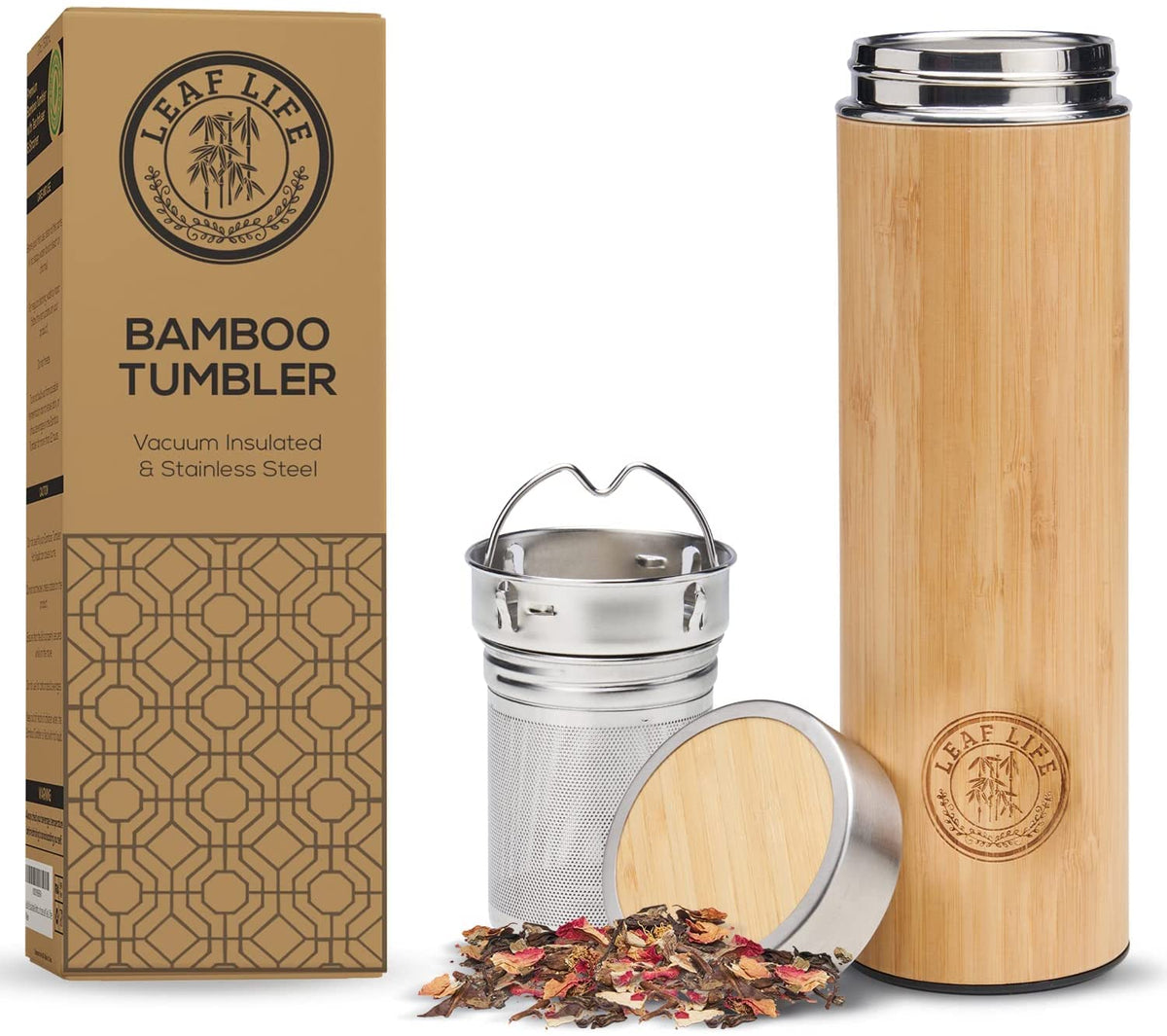 Thermos Water Bottle Bamboo Stainless Steel Tea Infuser Double