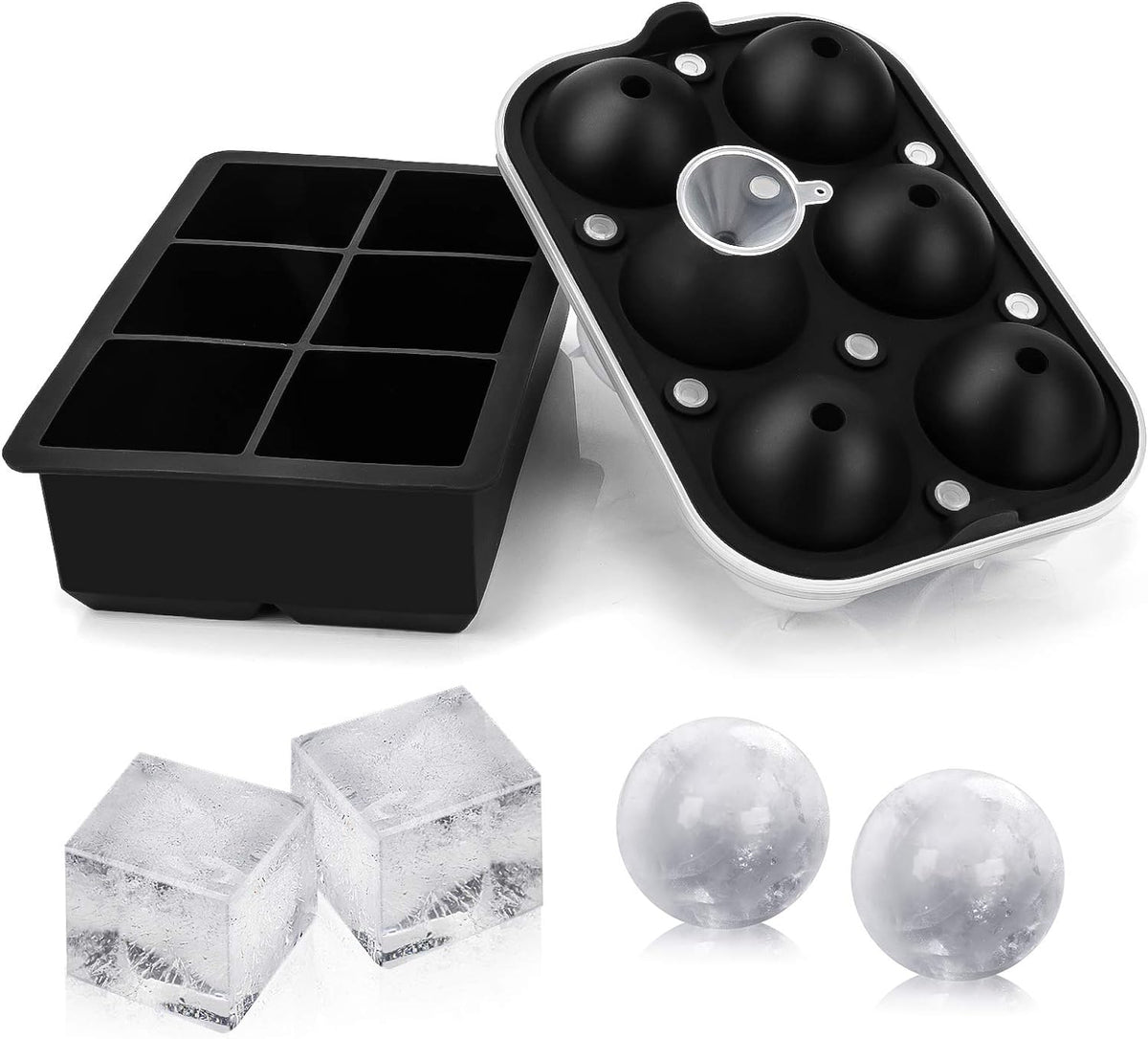 Black Round Silicon Ice Cube Ball Maker Tray 8 Large Sphere Molds
