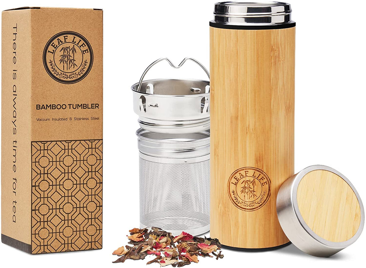 Bamboo Tumbler Mug with Strainer Infuser - 18 oz Vacuum Insulated Stainless  Steel Thermos with Filte…See more Bamboo Tumbler Mug with Strainer Infuser