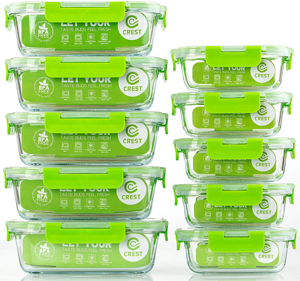 C CREST [10-Pack] Glass Food Storage Containers (A Set of Five Colors),  Meal Prep Containers with Lids for Kitchen, Home Use - Airtight Glass Lunch