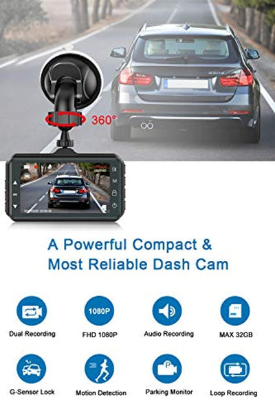 Full HD Car Dash Camera Dual Cam for Front & Rear with Parking