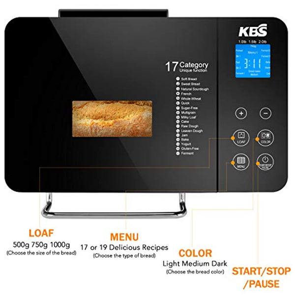 2 Lb Programmable Bread Maker Machine, 3 Loaf Sizes, 19 Menu Functions,  Black