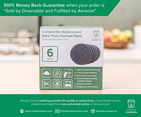 Charcoal Filters Compost Bin - Replacement Filter Round 7.25 inch - Extra Thick 0.4 Kitchen Pail 6 Pack - Carbon Premium Quality Countertop Bucket