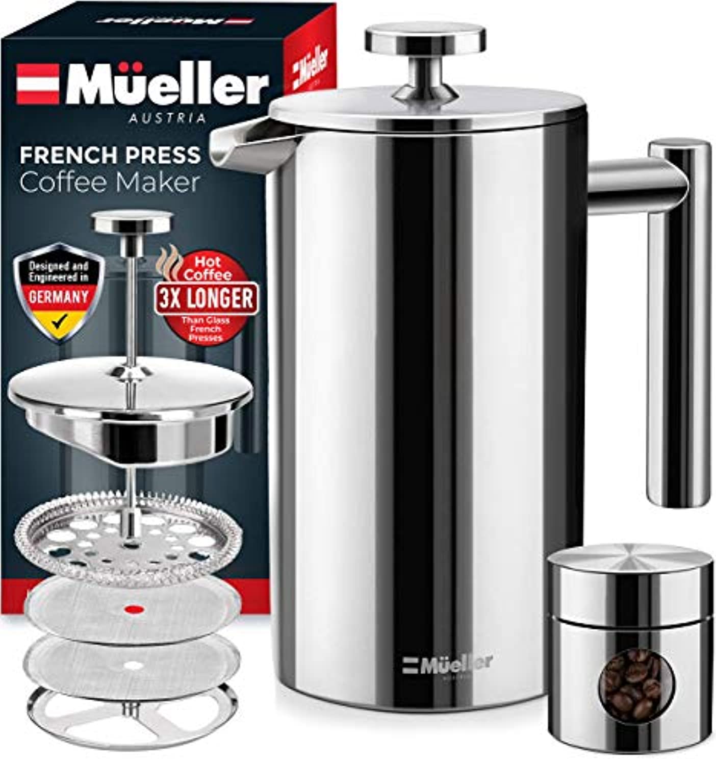 Secura French Press Coffee Maker, 17-Ounce, 18/10 Stainless Steel Insulated Coffee  Press with Extra Screen - The Secura