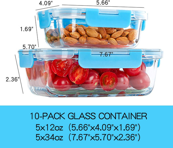 10-Pack] Glass Food Storage Containers (A Set of Five Colors